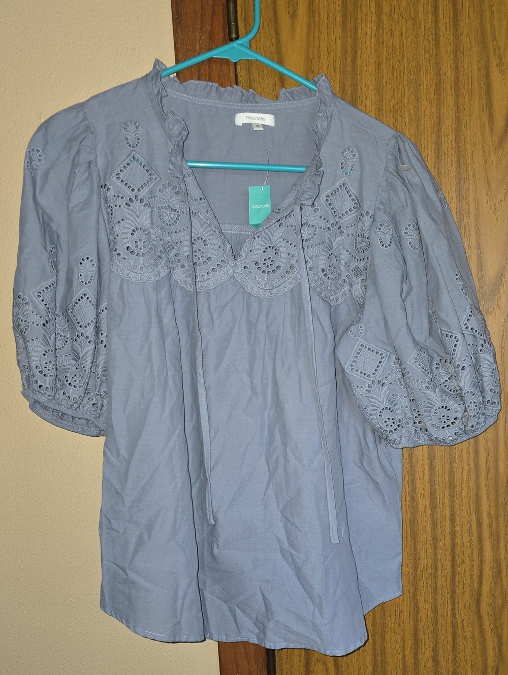 Maurices Light Blue Eyelet Tie-Neck Peasant Blouse